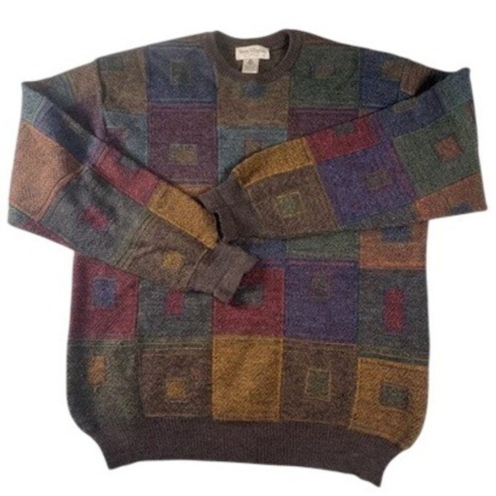 Tricots St Raphael Sweater Mens M Multicolor Patchwork Merino Wool Crewneck Knit